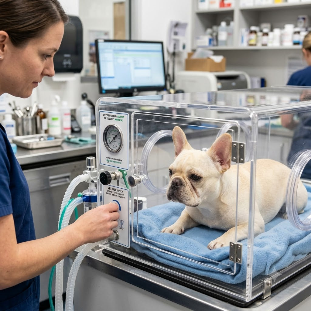 A cream French Bulldog sits calmly in a clear, specialized veterinary oxygen chamber within a vet's clinic treatment area.