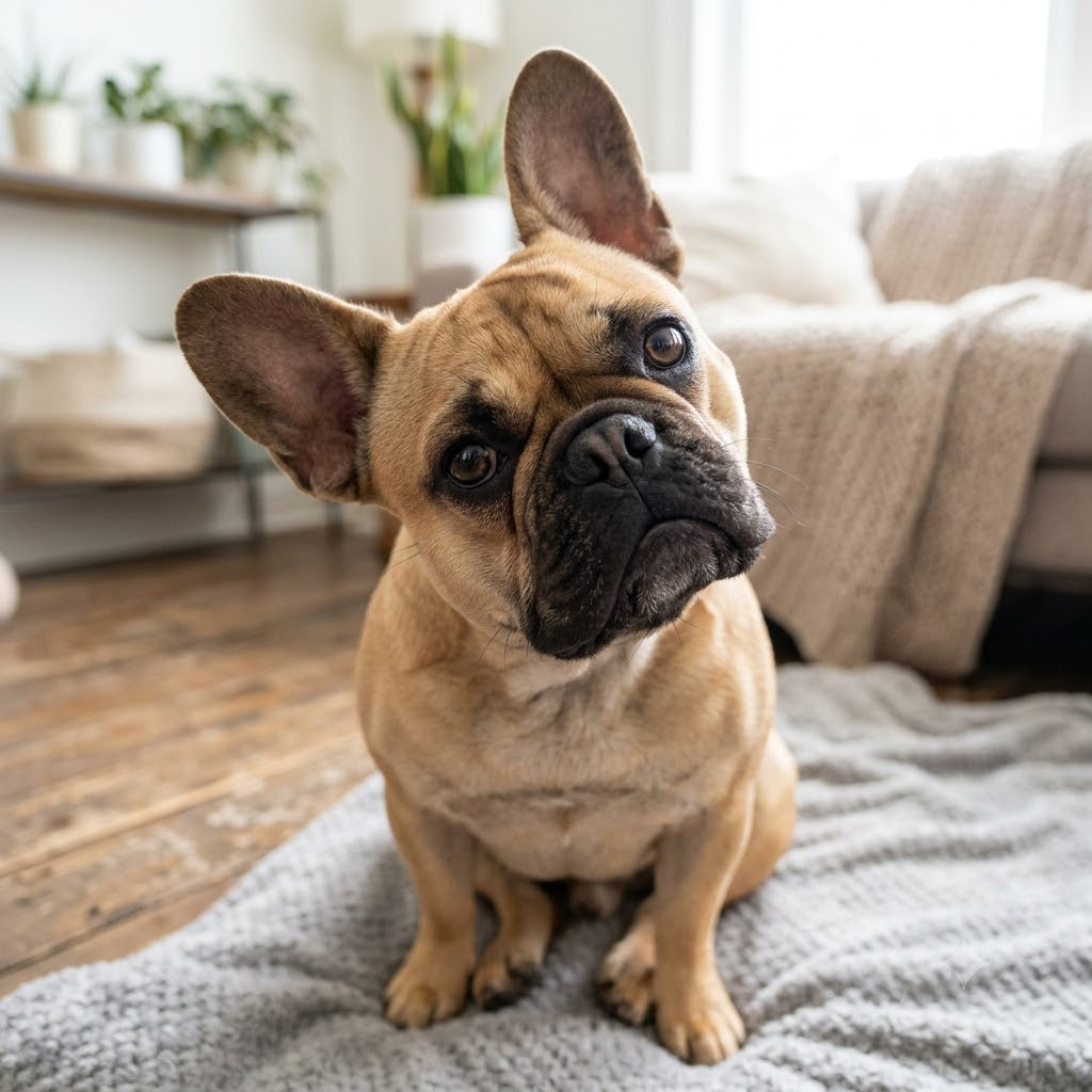 A detailed close-up of a fawn French Bulldog puppy with a highly expressive face. The puppy is sitting on a grey knitted blanket and has dramatically tilted its head to the side.