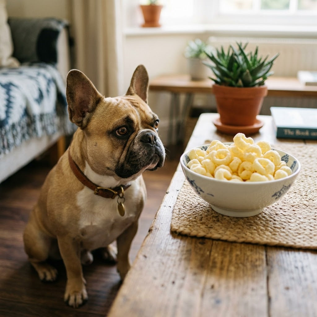 A curious fawn and white French Bulldog, wearing a leather collar with a tag, sits on a wooden floor in a cozy living room and looks up intently at a white bowl filled with light-colored puffy snacks (like Quavers).