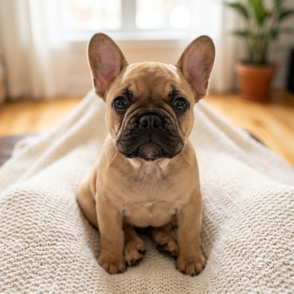 A close-up square portrait of a single fawn-colored French Bulldog puppy. The puppy has a black muzzle, large dark eyes, and bat ears.