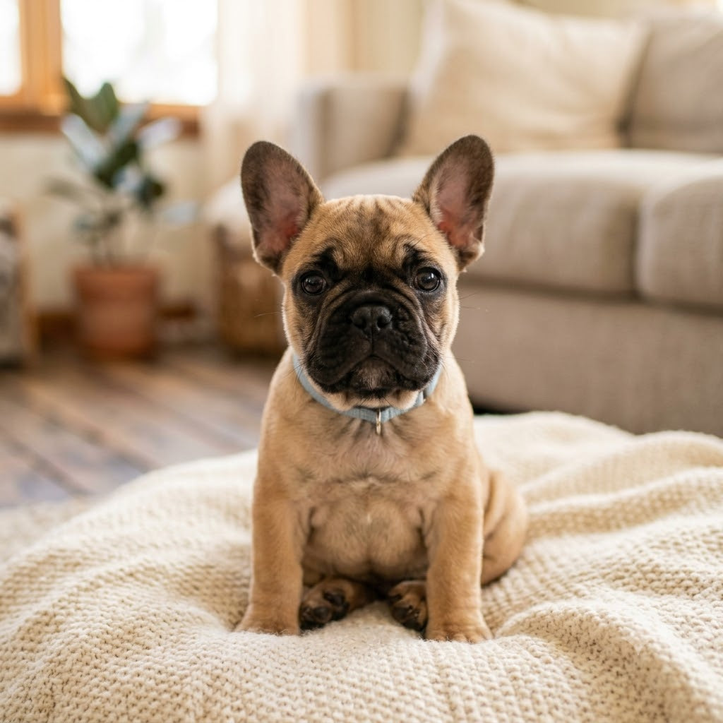 A small, brindle French bulldog puppy with erect bat ears and large, soulful eyes sits centered in the frame.