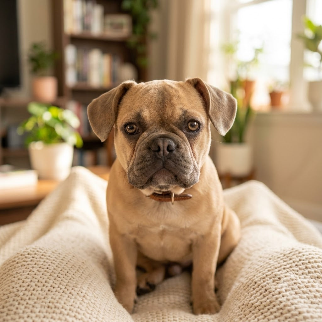 A heartwarming close-up portrait of a fawn-colored pug puppy with large, soulful dark eyes looking directly at the camera.