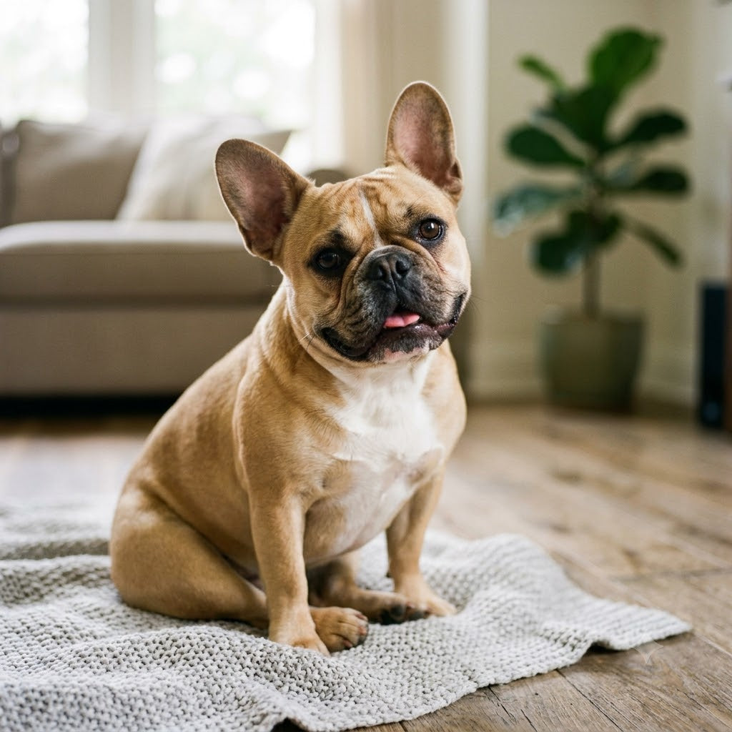 A square-format photograph (1:1 aspect ratio) of a charming fawn and white French Bulldog sitting on a rustic wooden floor, looking directly at the camera.