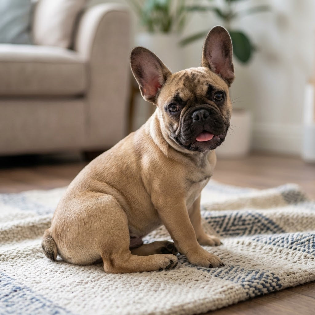 A fawn French Bulldog with a black face mask sitting on a textured, patterned rug in a bright living room, looking directly at the camera with its tongue slightly visible.