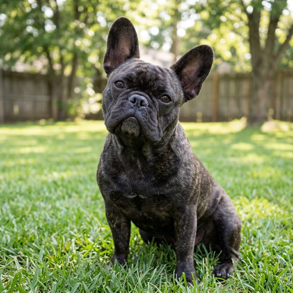 A close-up, natural outdoor photo of a dark brindle French Bulldog sitting on a green grassy lawn. The dog is looking directly at the camera with its head slightly tilted.