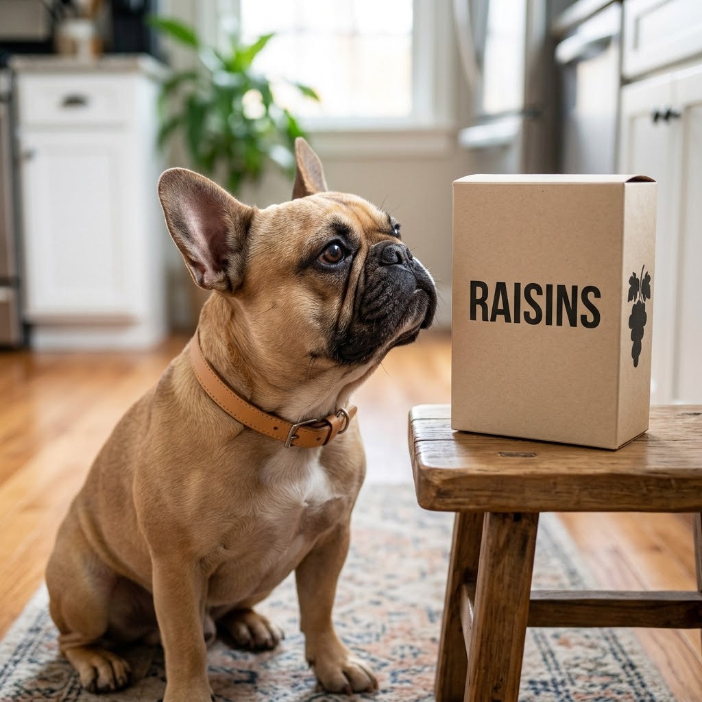 A fawn-colored French Bulldog with a black muzzle sits on a patterned rug in a home kitchen, looking up with intent curiosity at a plain cardboard box labeled "RAISINS".
