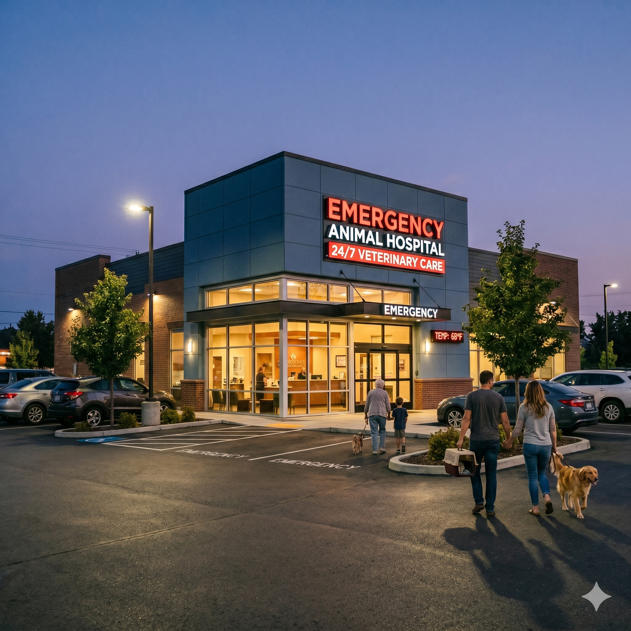 Exterior photograph of a brightly illuminated 24-hour emergency veterinary animal hospital at dusk, featuring a modern building facade with clear red signage.