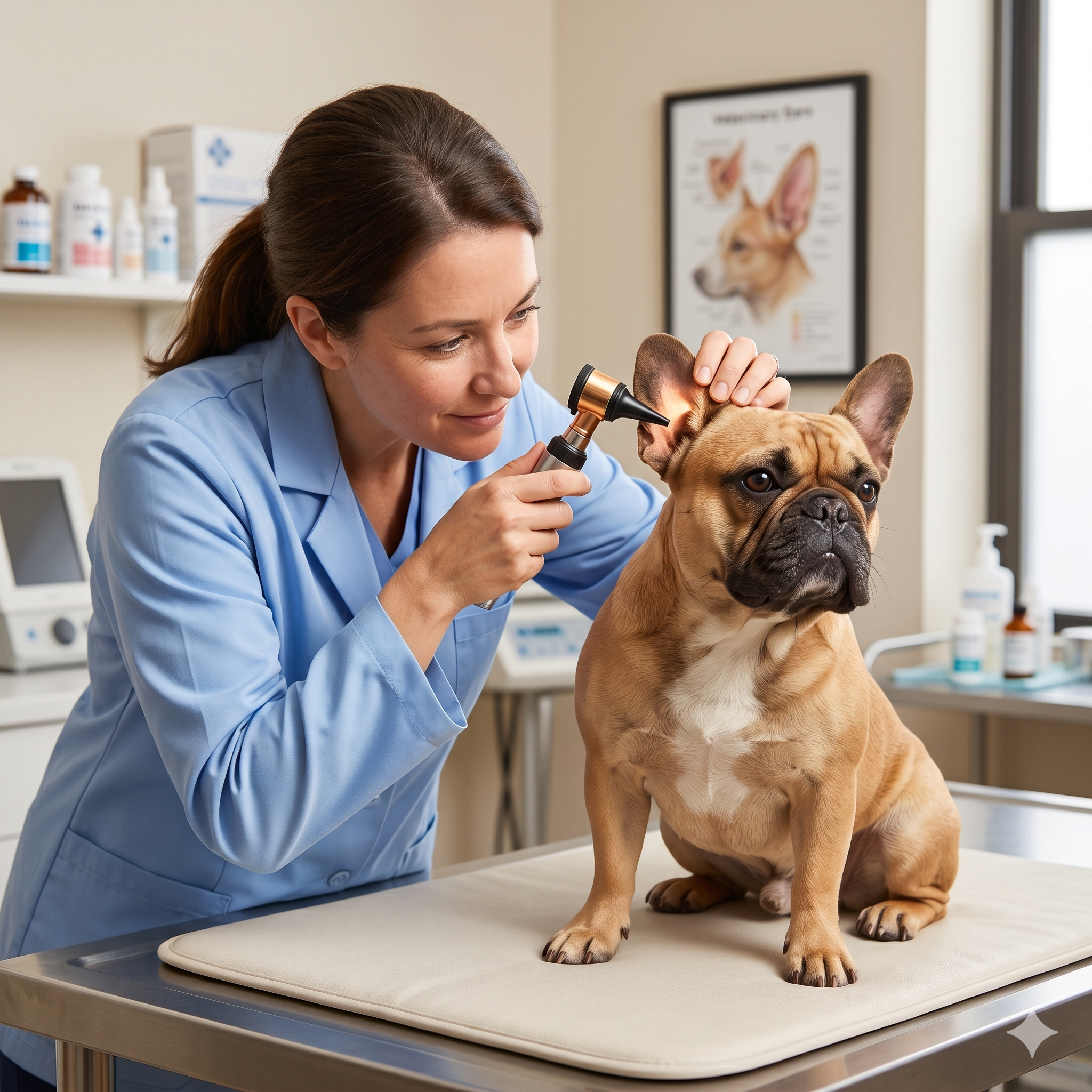 A detailed close-up square photograph of a veterinarian in a blue scrub jacket using an otoscope to examine the right ear of a calm, harness-free fawn French Bulldog in a clean clinic setting.