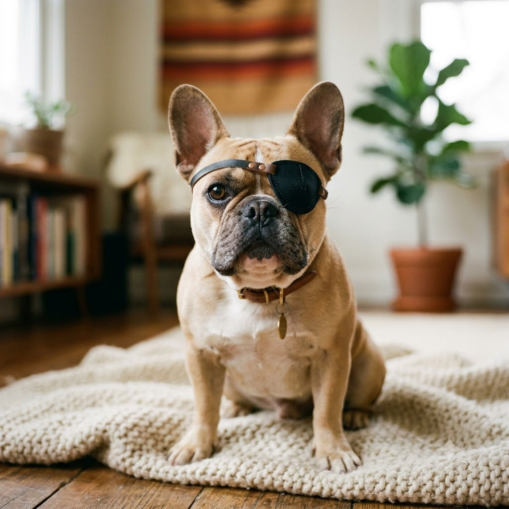 A French Bulldog is wearing a black fabric eye patch with a leather strap over its right eye, while its left eye is open and looking forward.