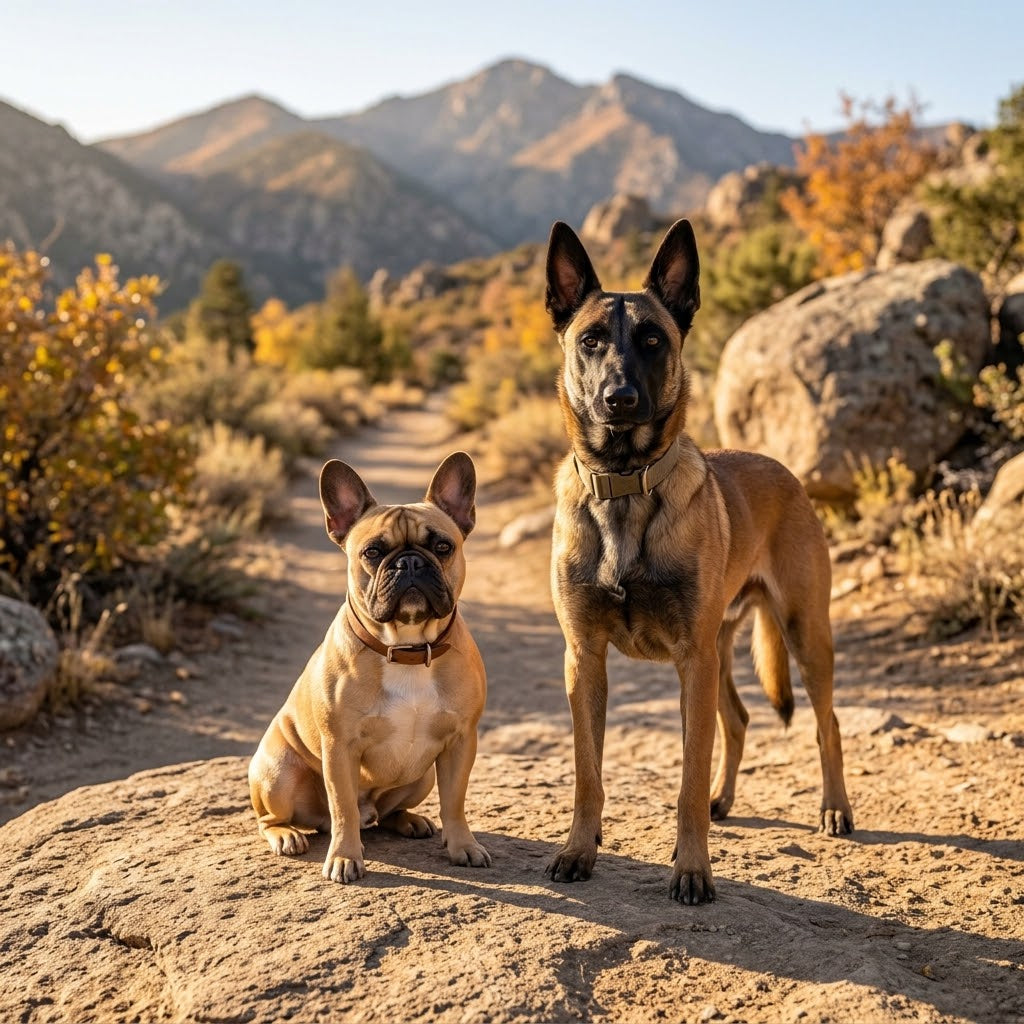 A photorealistic 1:1 square photograph of a fawn French Bulldog sitting on a rocky ledge and a fawn Belgian Malinois standing next to it on a sun-drenched mountain trail during golden hour.