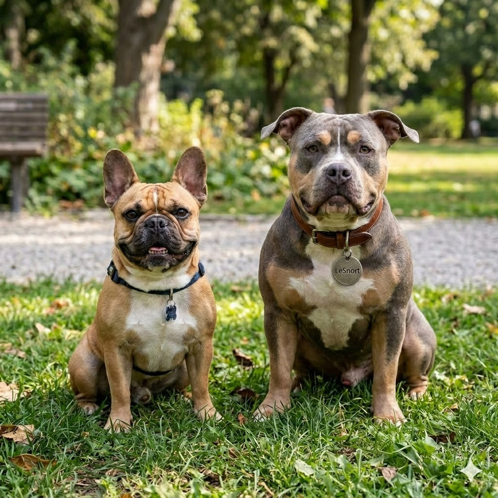 A fawn French Bulldog and a larger, blue-tri-colored American Bully sit side-by-side on a grassy patch in a sunlit park. Both dogs wear collars and look directly at the camera.