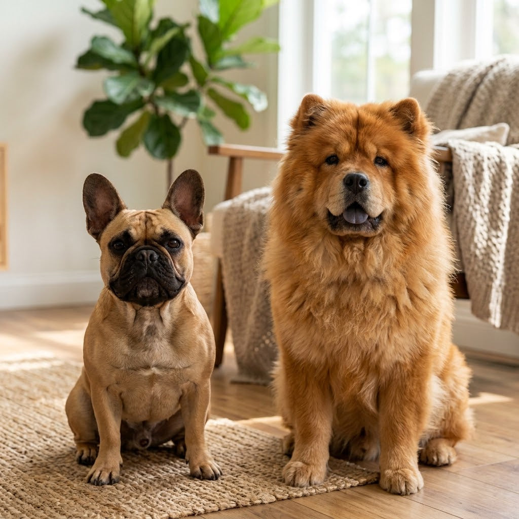 A 1:1 square photograph captures a fawn French Bulldog and a fluffy red-orange Chow Chow sitting side-by-side on a woven jute rug in a sunlit, modern living room.
