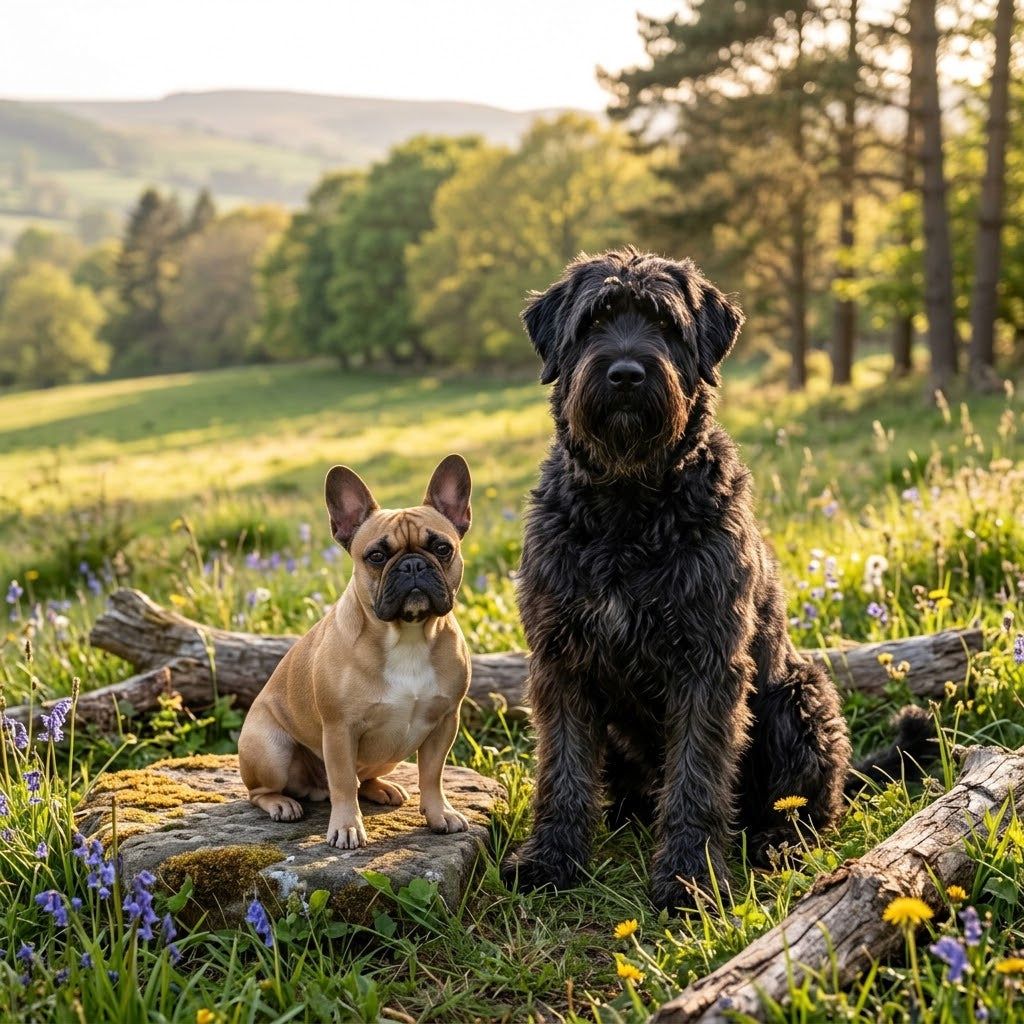 A fawn French Bulldog and a large, shaggy Black Russian Terrier sit side-by-side at the edge of a golden hour meadow with rolling hills and trees.