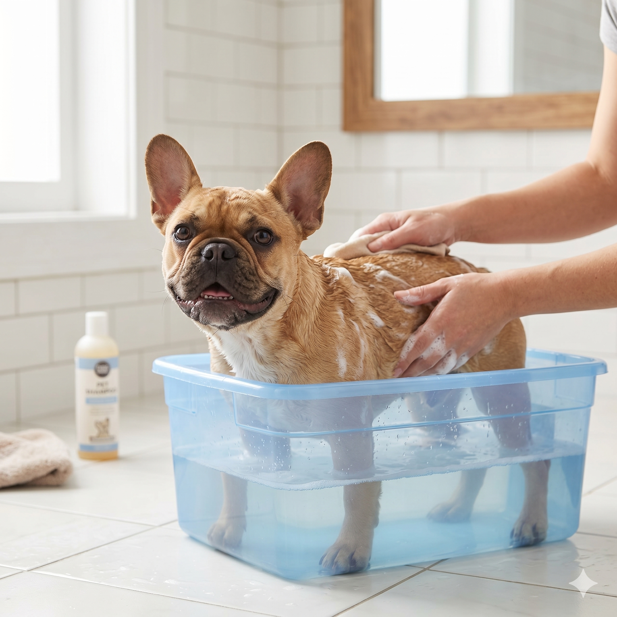 A happy fawn French Bulldog with wet fur and soap suds sits comfortably in a small blue plastic bathtub on a tiled bathroom floor. A person's hand gently washes the dog.