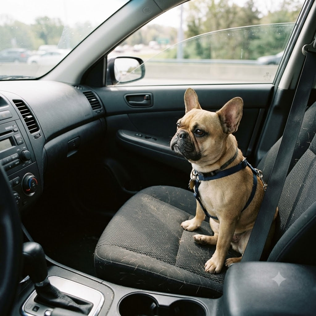 A fawn French Bulldog wearing a blue harness sits alert in the passenger seat of a car, looking out the front window. A light dusting of dog fur is visible on the dark fabric seat cushion.