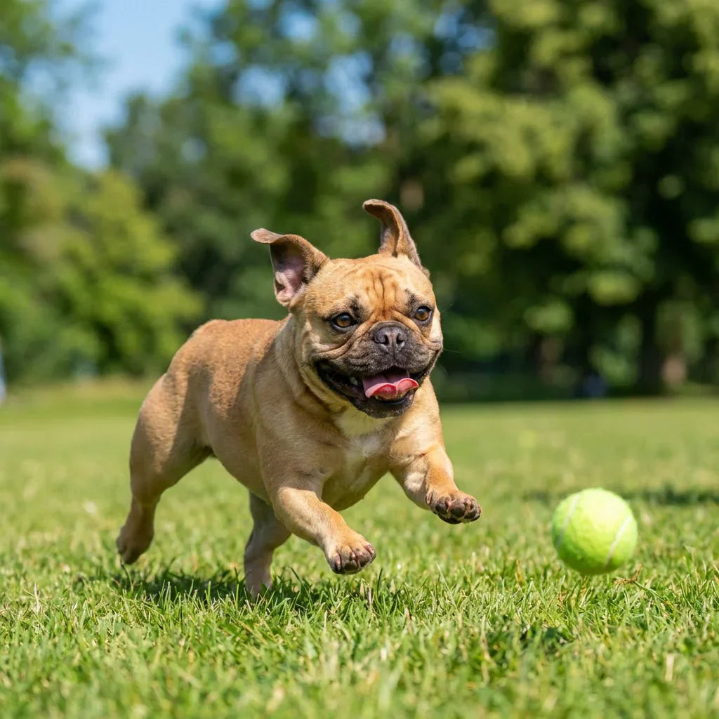 A happy fawn French Bulldog, with its ears flopped back and tongue out, running full speed on a green grassy lawn in a park.