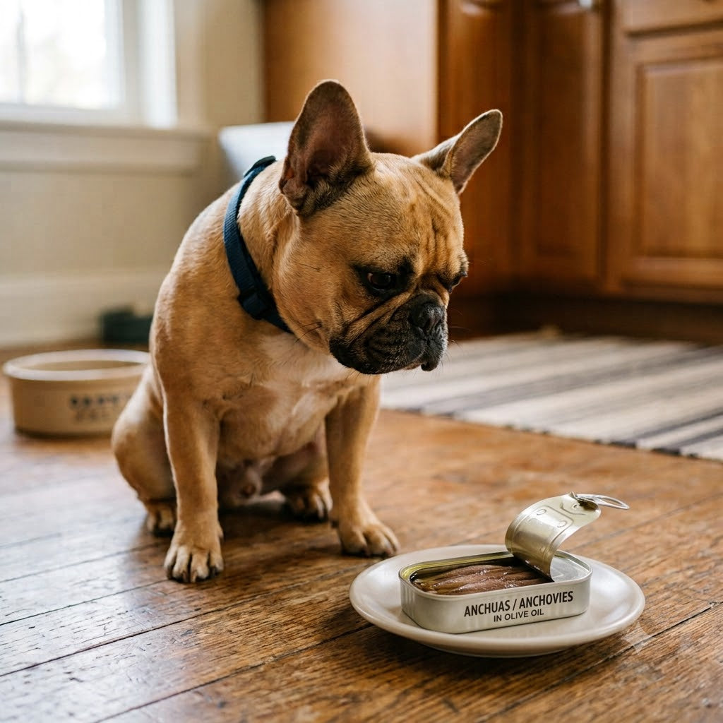 A fawn French Bulldog with a blue collar sits on a wooden floor in a kitchen, looking curiously at an open tin of anchovies on a small white plate.