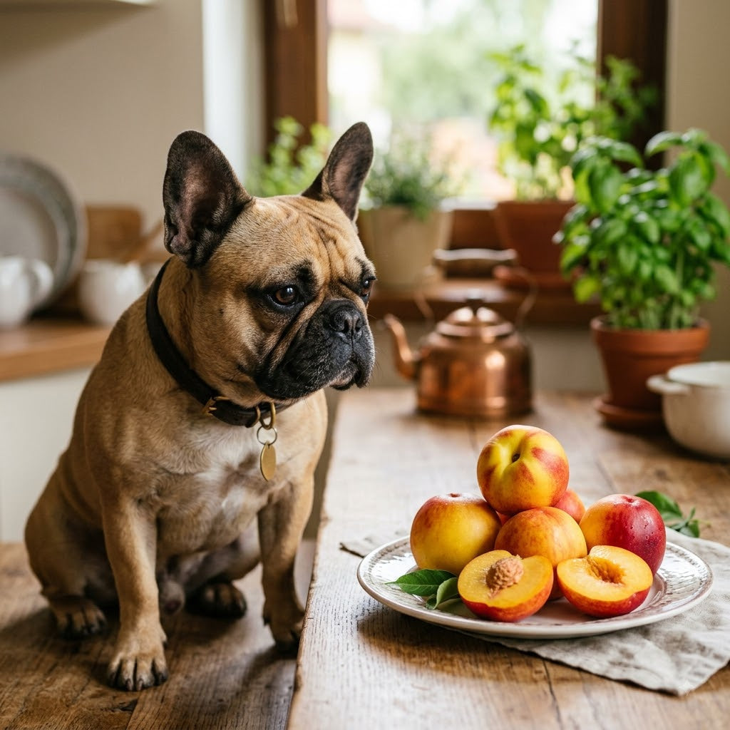A fawn-colored French Bulldog with an alert expression is seated on a rustic wooden table, looking intently towards a ceramic plate filled with fresh, whole, and halved nectarines