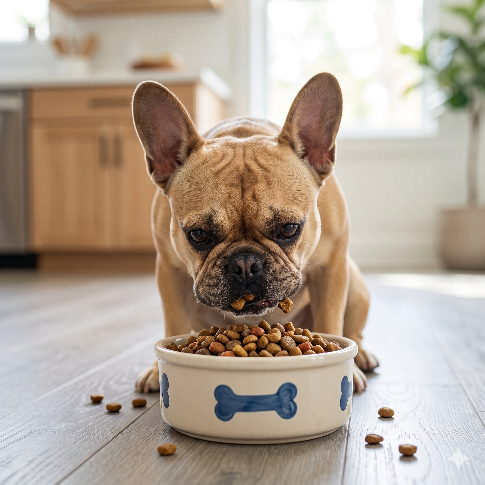 A fawn-colored French Bulldog crouching on a grey wood-patterned floor, eagerly eating dry kibble from a cream ceramic bowl with blue bone and paw print decorations, in a modern kitchen setting.