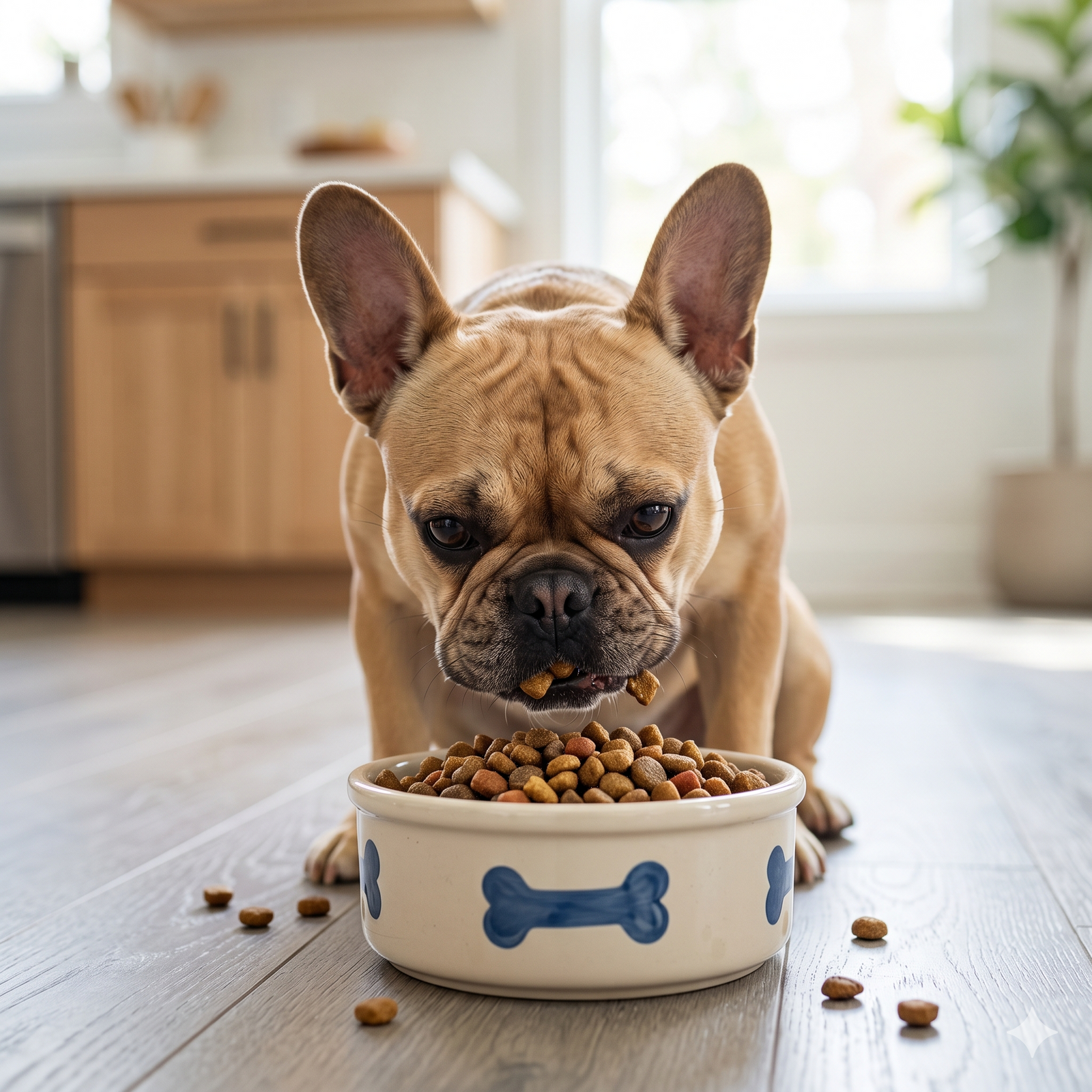 A fawn-colored French Bulldog crouching on a grey wood-patterned floor, eagerly eating dry kibble from a cream ceramic bowl with blue bone and paw print decorations, in a modern kitchen setting.