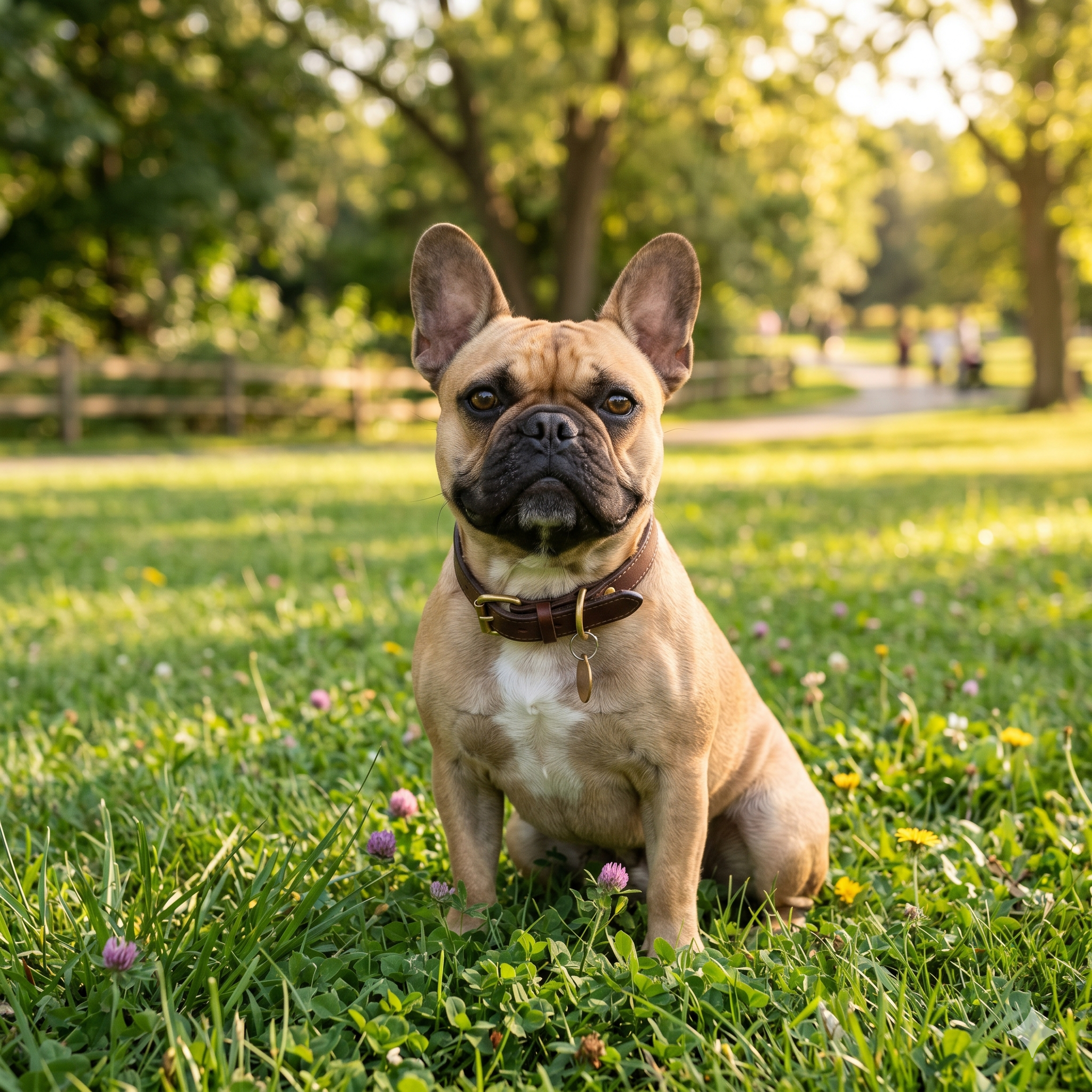 A square (1:1) portrait photograph of a happy, harness-free fawn French Bulldog sitting contentedly on a lush green lawn in a sunny park. The dog wears a simple brown leather collar with a small tag.