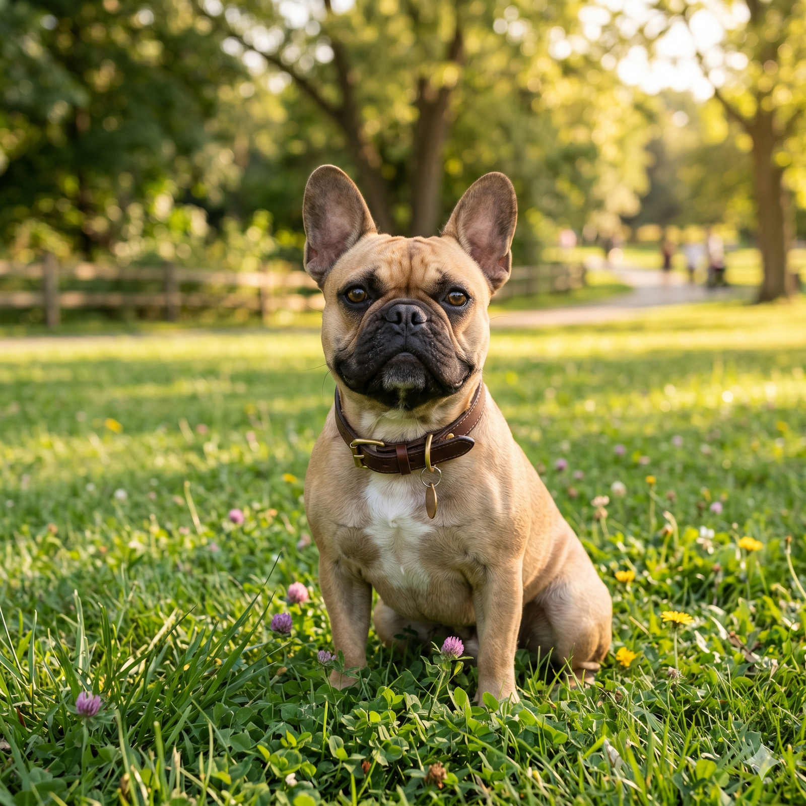 A square (1:1) portrait photograph of a happy, harness-free fawn French Bulldog sitting contentedly on a lush green lawn in a sunny park. The dog wears a simple brown leather collar with a small tag.