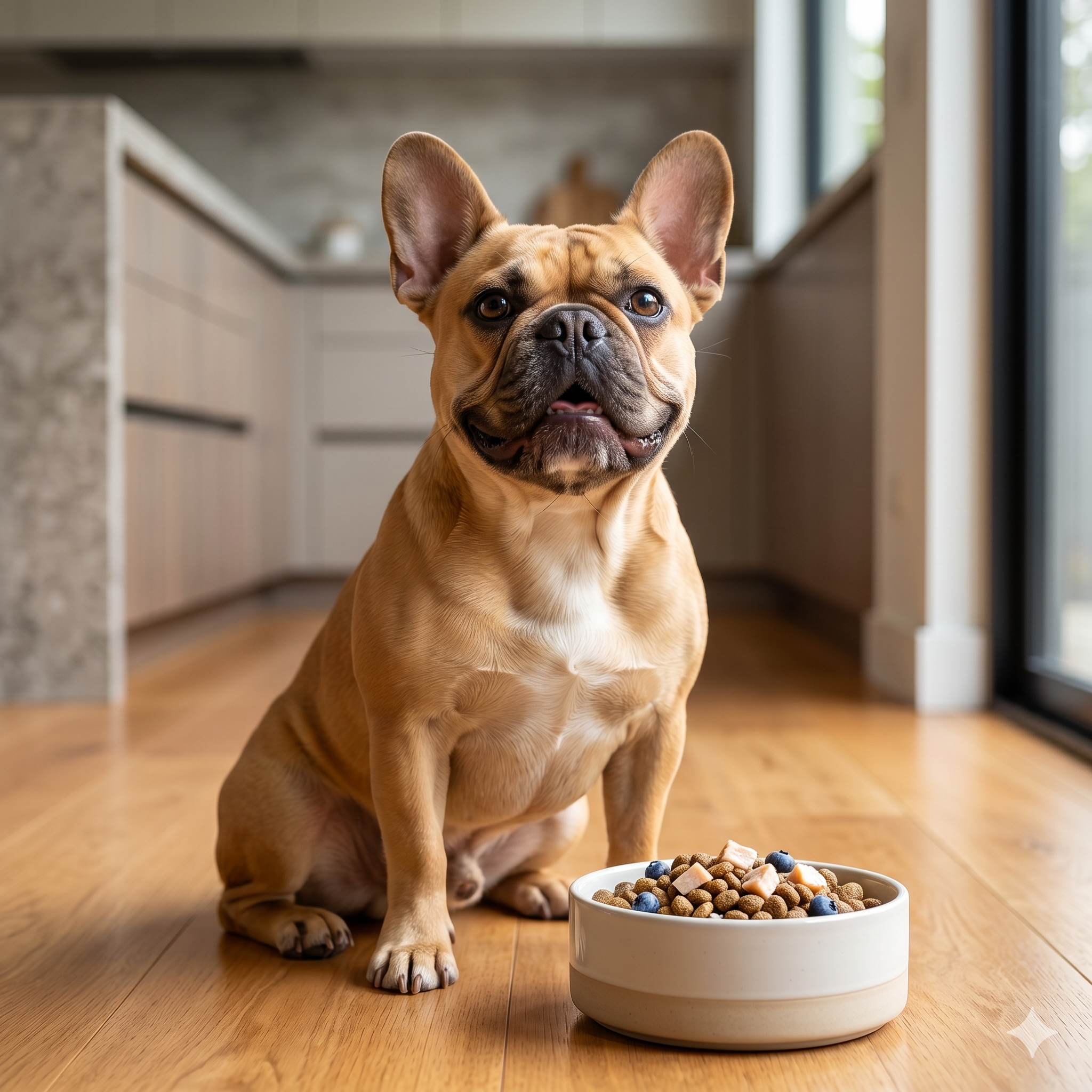 A fawn-colored French Bulldog sits on a light wood floor in a modern kitchen, looking directly at the camera. Next to the dog is its food bowl, which is filled with kibble and topped with fresh ingredients