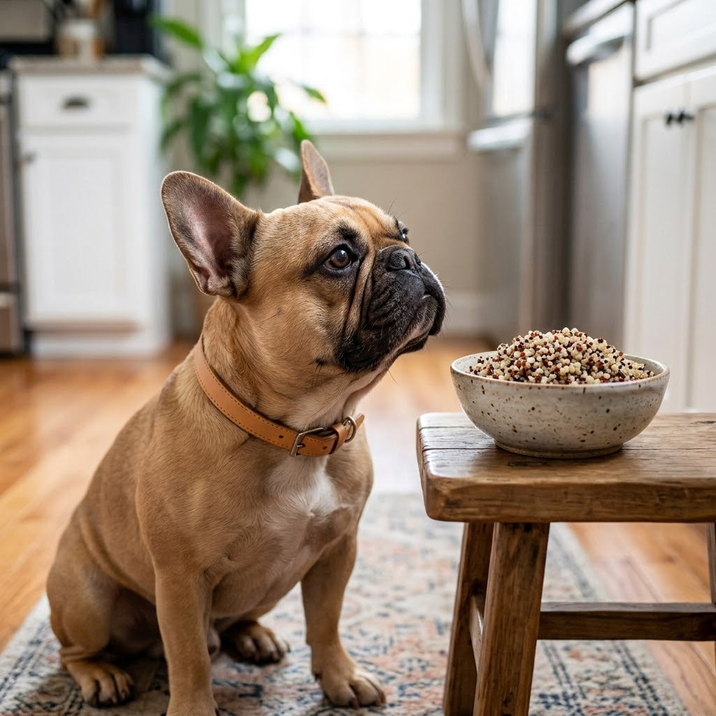 A fawn French Bulldog with a leather collar sits on a patterned rug in a modern kitchen, gazing with keen interest at a ceramic bowl of tri-color cooked quinoa.