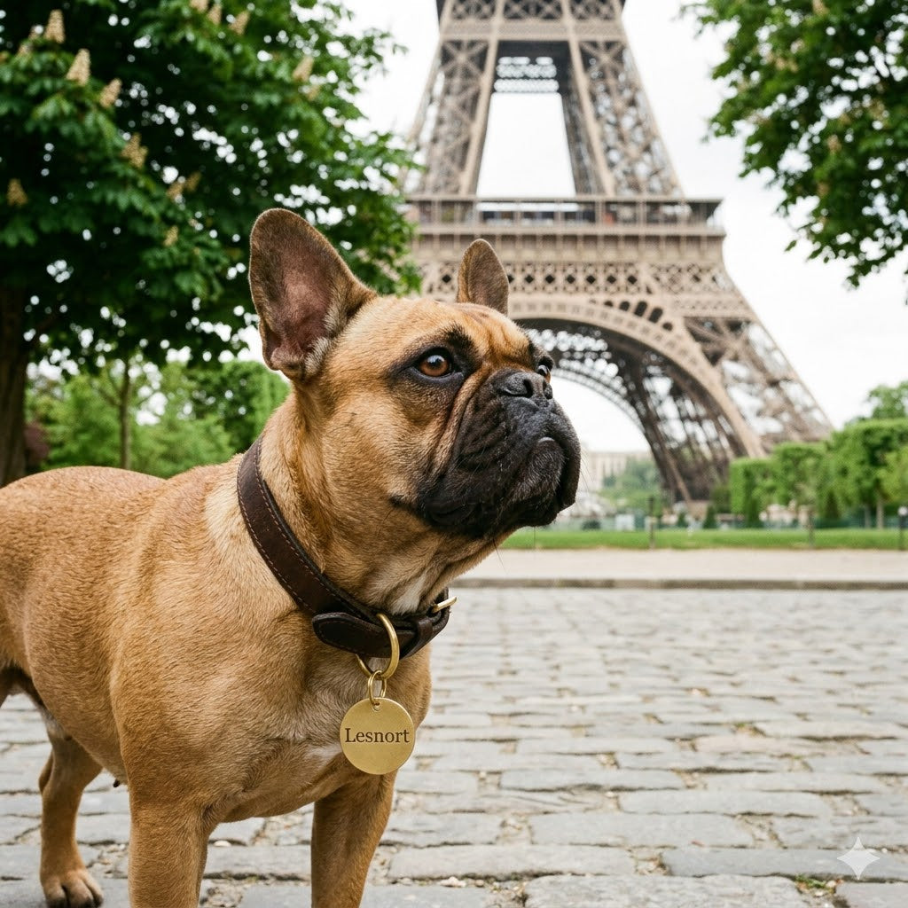 A close-up photograph of a fawn French Bulldog standing on cobblestones, wearing a brown leather collar with a gold-colored tag.