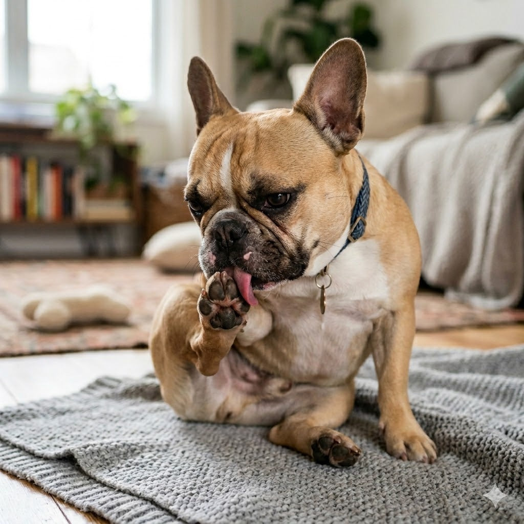 A fawn French Bulldog sitting on a gray knitted floor blanket in a living room, licking its front paw.