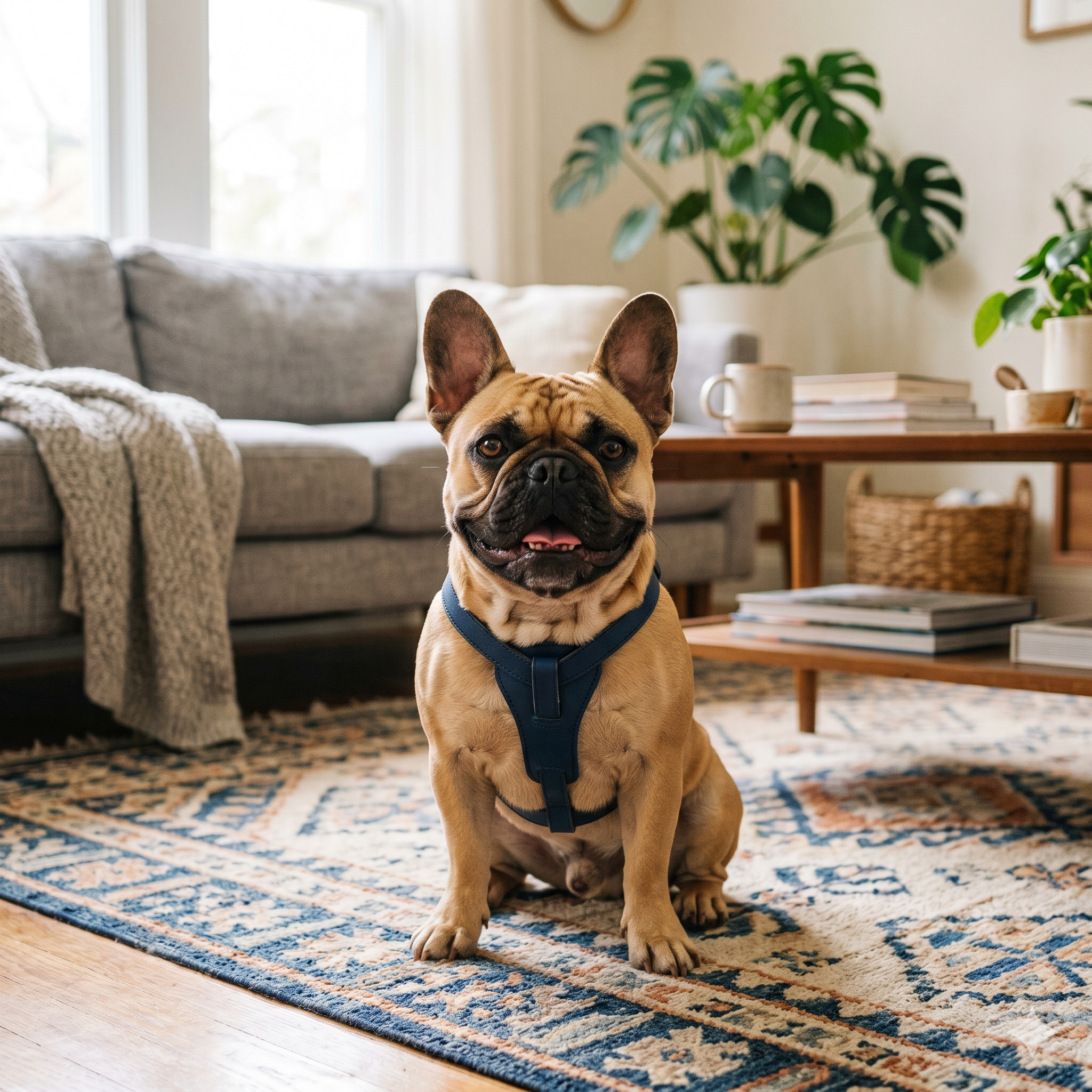 A charming fawn French Bulldog with a black mask, wearing a blue harness, sits alertly on a patterned rug in a bright, cozy living room.