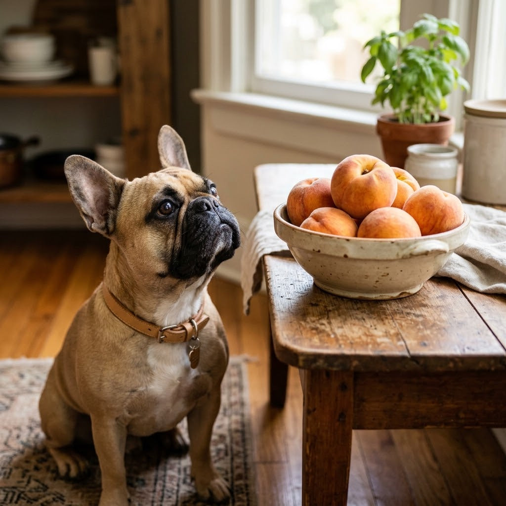 The dog is looking up with curiosity at a rustic ceramic bowl filled with fresh, whole peaches resting on a wooden side table.