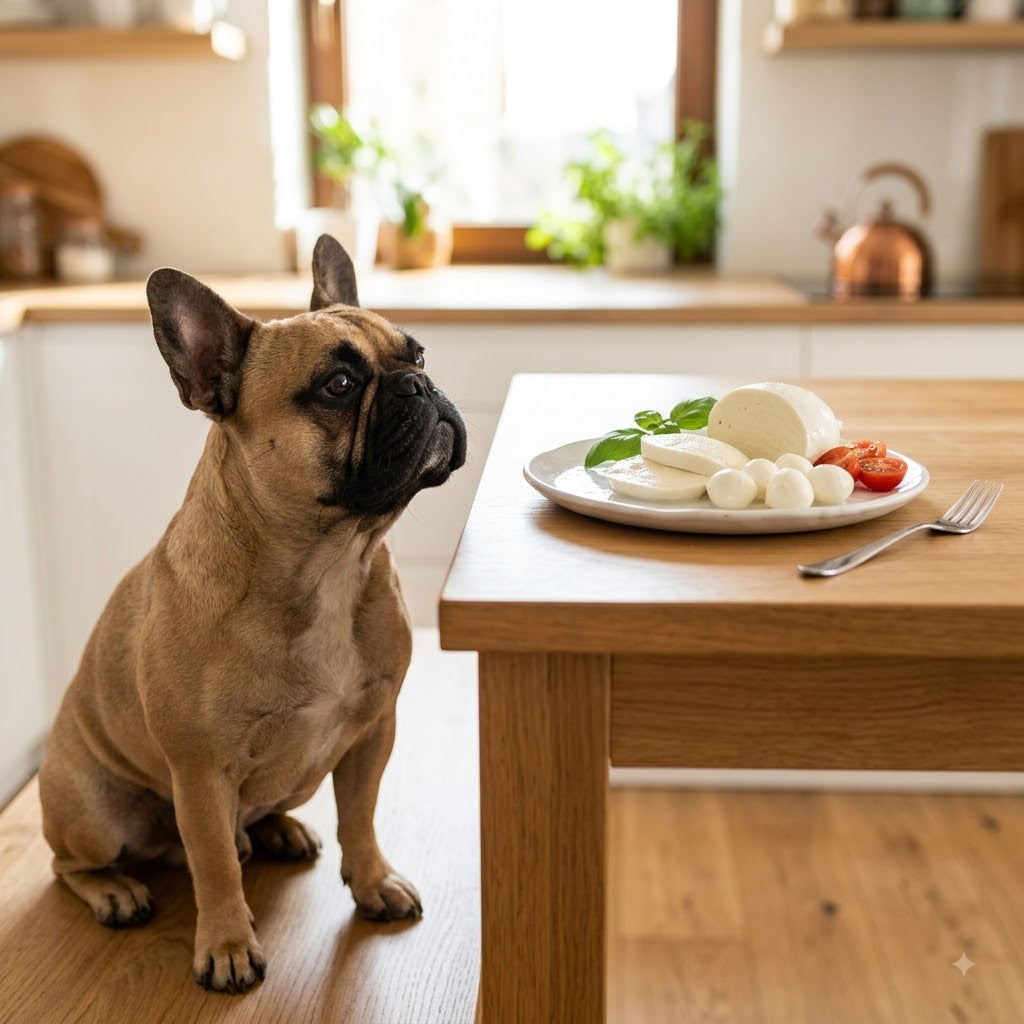 A fawn-colored French Bulldog is sitting attentively on a light wood bench in a bright, modern kitchen.