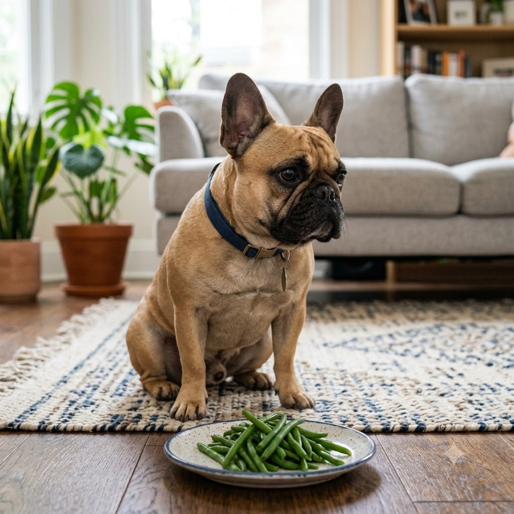 A fawn-colored French Bulldog wearing a blue collar with a tag sits on a patterned rug in a bright, sunlit living room.
