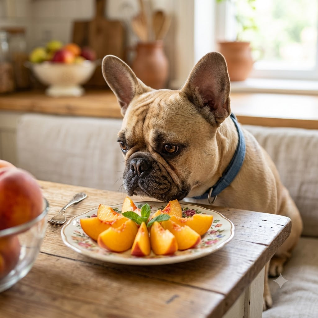 A close-up photograph of a fawn French Bulldog looking at a white plate filled with fresh, sliced orange peaches garnished with a mint leaf.