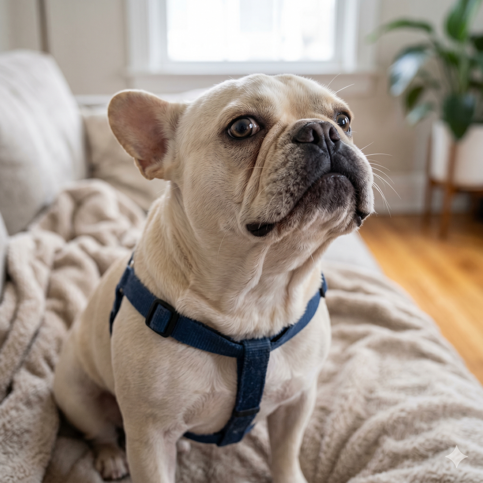 A close-up photograph of a fawn-colored French Bulldog wearing a blue fabric harness, sitting comfortably on a soft, textured beige blanket in a living room.