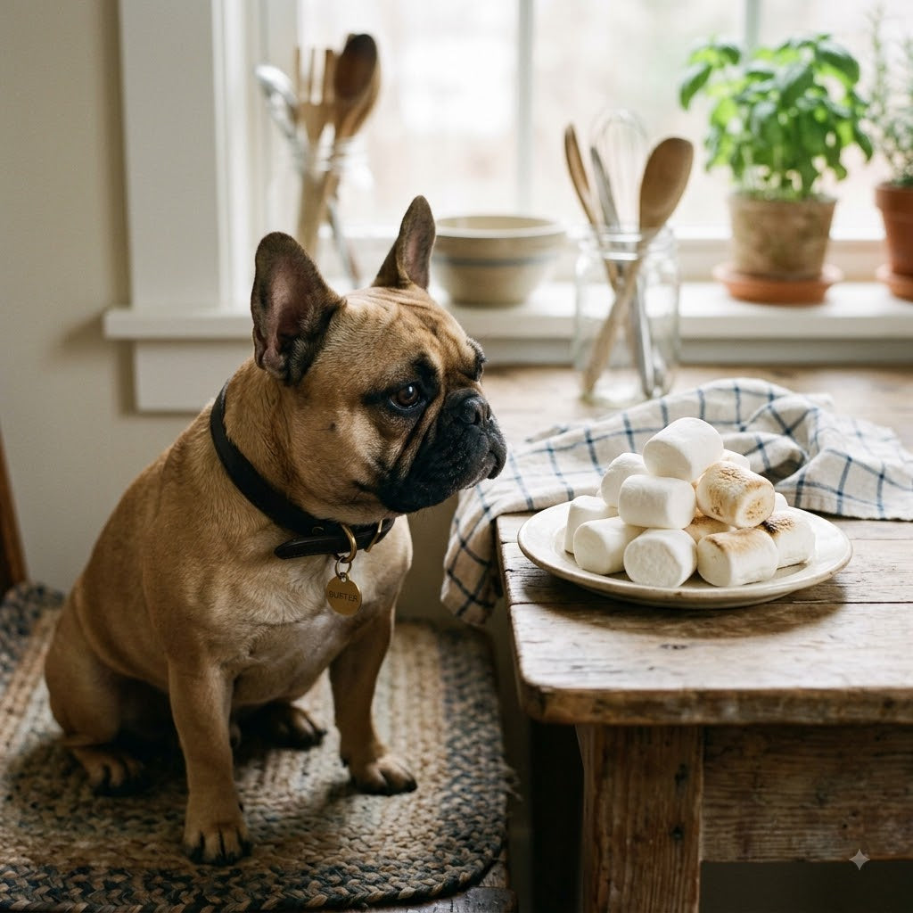 A French bulldog is looking with focused attention at a white plate stacked with fresh and lightly toasted marshmallows.
