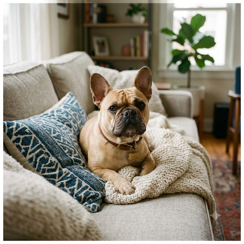 A fawn-colored French Bulldog with an attentive expression lying down on a light gray upholstered sofa in a cozy living room.