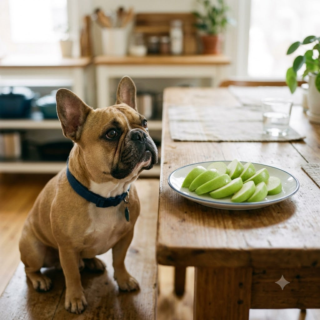 A fawn-colored French Bulldog wearing a blue collar is sitting patiently on a rustic wooden bench in a cozy home kitchen.