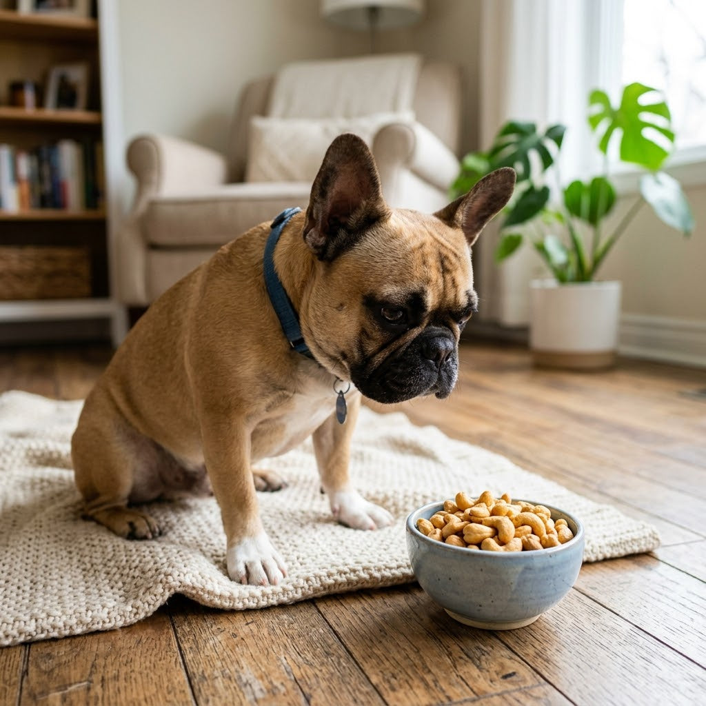 A photograph of a fawn French Bulldog with white paws and chest markings, wearing a blue collar, sitting on a cream-colored textured knit rug on a wooden floor.