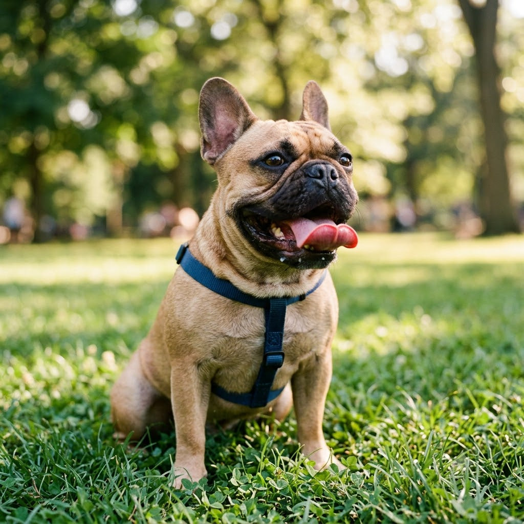 A fawn-colored French bulldog, wearing a dark navy blue harness, sits alertly on a lush green lawn in a park.
