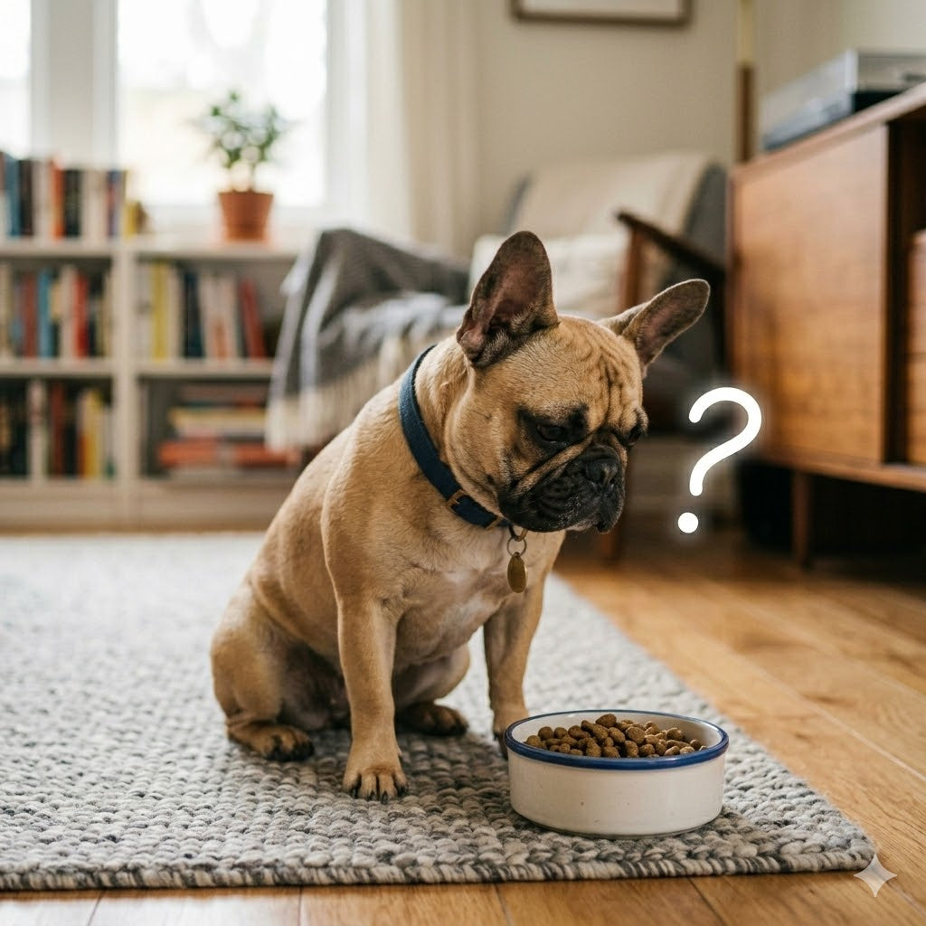 A photograph of a fawn-colored French Bulldog, as seen in image_1df67a.jpg, sitting on a grey knitted rug and licking its front right paw.