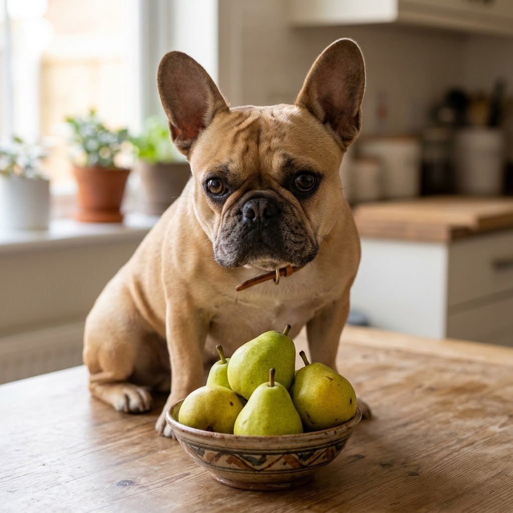 A fawn-colored French Bulldog sits looking at a patterned ceramic bowl filled with several fresh green pears.