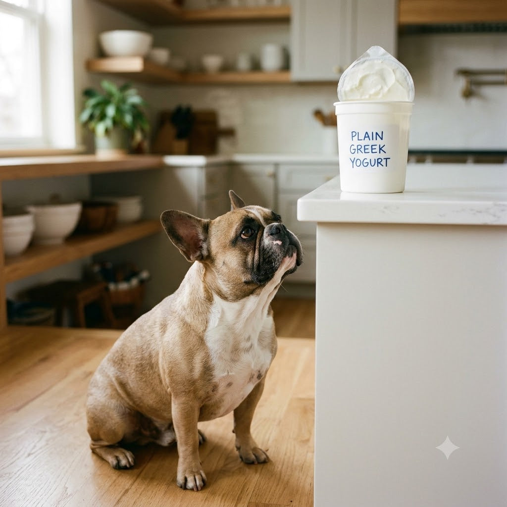 A fawn and white French Bulldog sitting on a light wood kitchen floor and looking up intently at a white container labeled "PLAIN GREEK YOGURT"