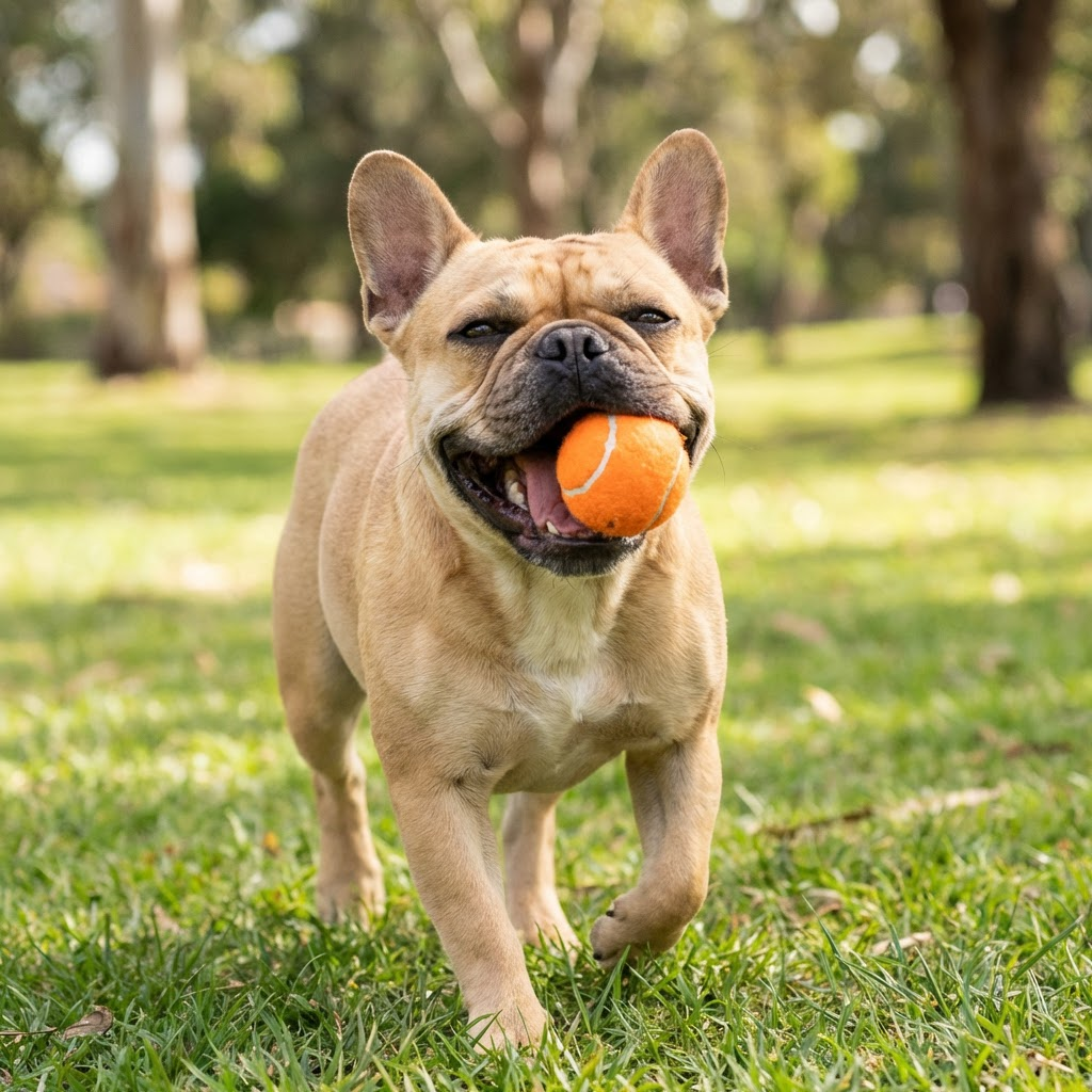 A fawn French Bulldog trotting through green grass in a sunny park, happily carrying a bright orange tennis ball in its mouth.