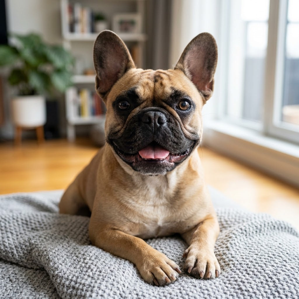 A medium shot of a fawn French bulldog with large ears and a happy, panting expression, looking directly at the camera.