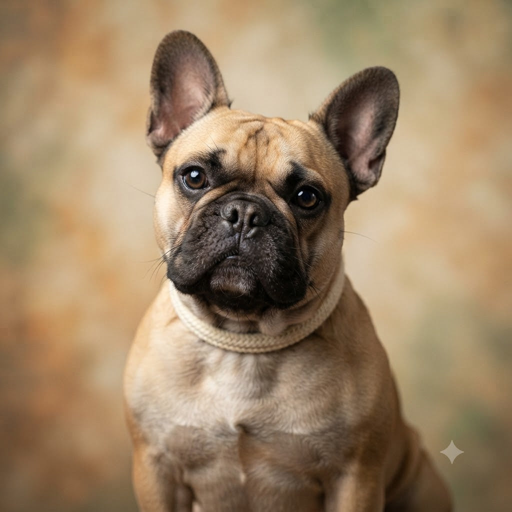 A studio portrait photograph of a fawn French Bulldog, seated and facing directly toward the camera. The dog has a classic fawn coat with a darker black mask around its muzzle.