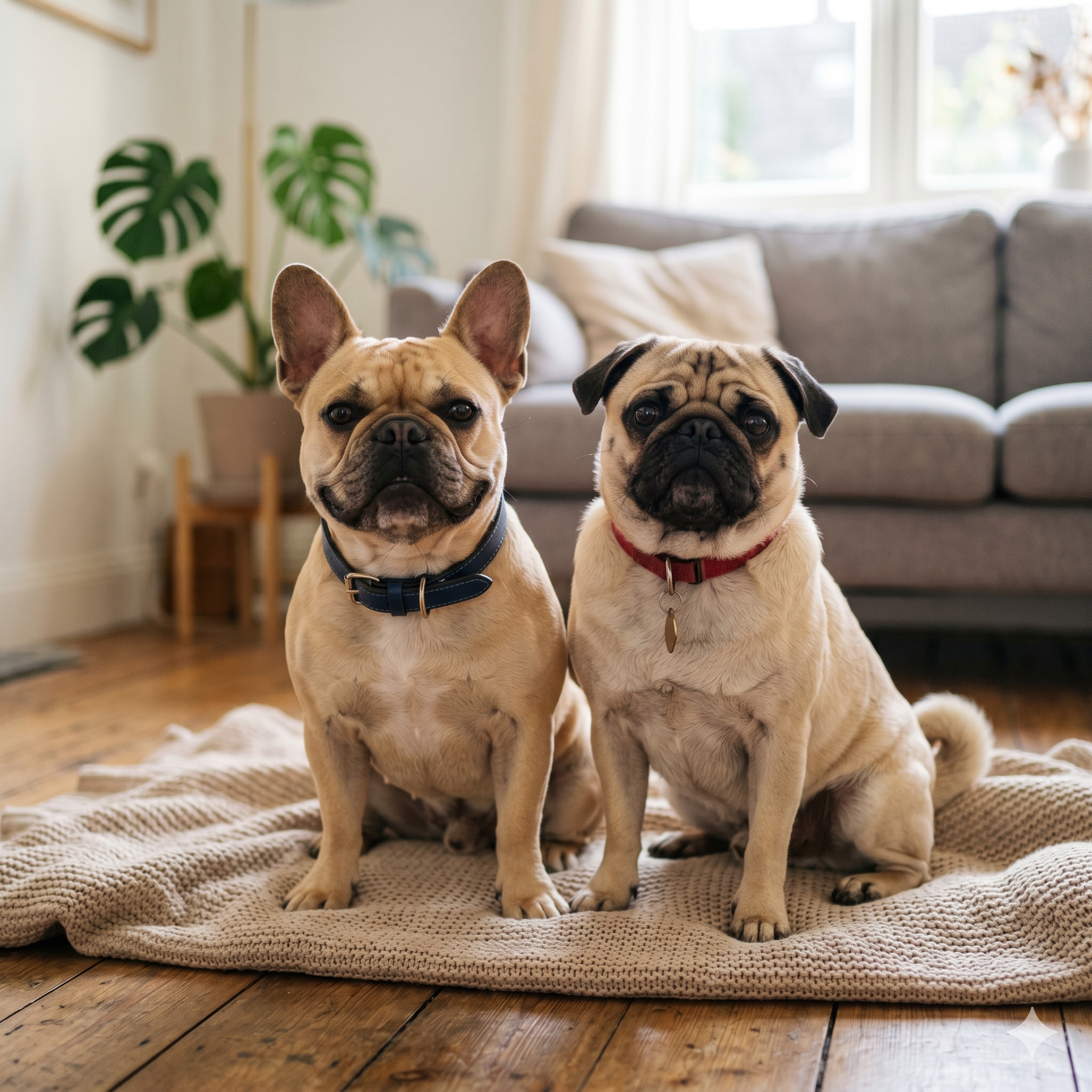 A close-up photograph of a fawn French Bulldog (left) and a fawn Pug (right) sitting side-by-side on a cozy, textured beige knitted blanket. The French Bulldog wears a dark blue collar, and the Pug wears a red collar.
