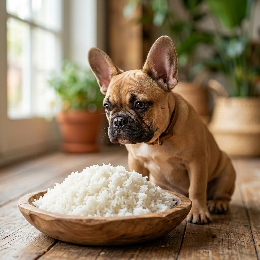 A fawn French Bulldog puppy with large, upright ears with focused brown eyes at a large, heaping rustic wooden bowl filled with plain cooked white rice