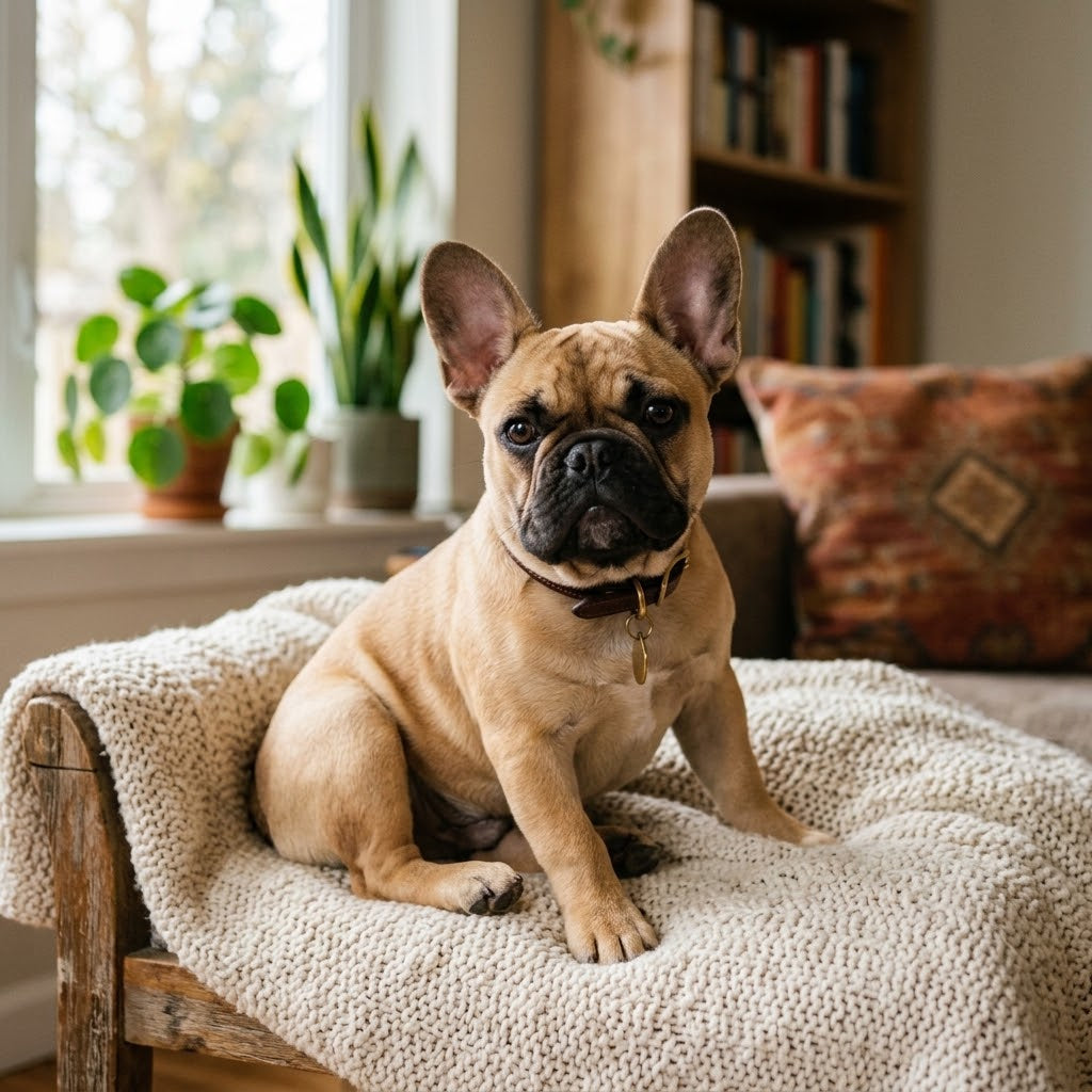 A photograph of a young, fawn-colored French Bulldog with a black muzzle sitting on a textured cream-colored knit blanket.